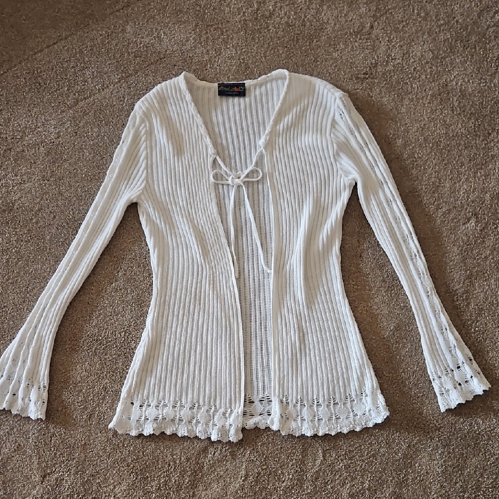 White Ribbed Cardigan Tunic with Lace Trim